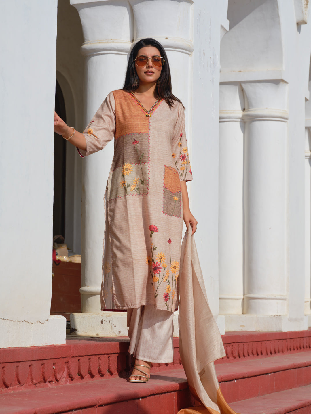 Beige Poly-Linen Embroidered 3-Piece Set