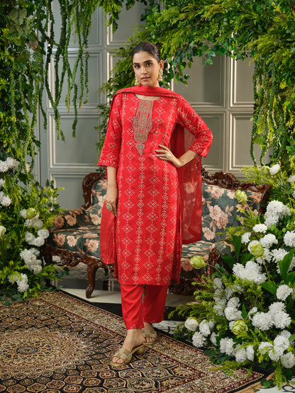 Red Embroidered Kurta Set with Matching Pants & Dupatta