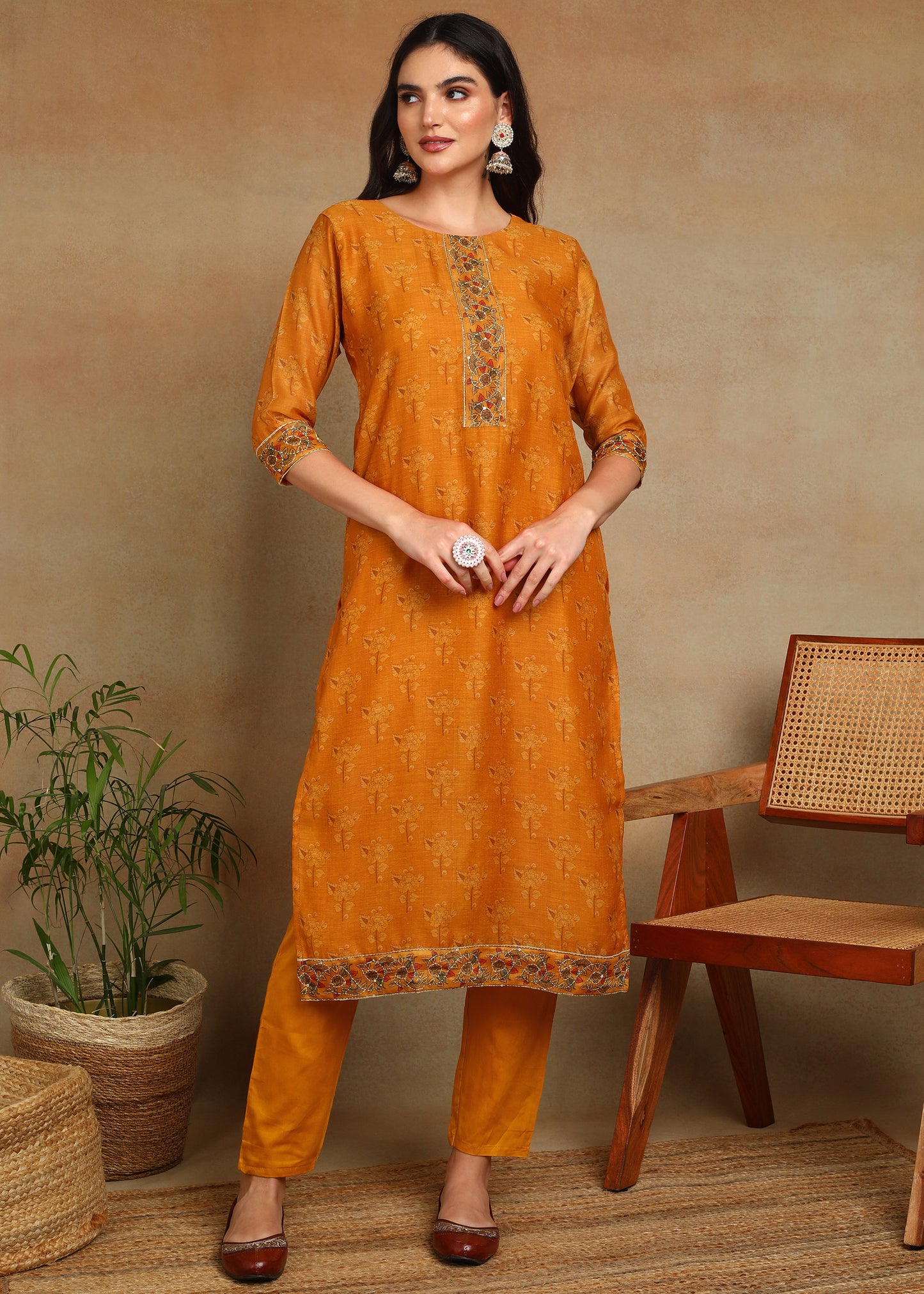 Women's Yellow Ethnic Motif Printed Kurta with Kantha & Sequin Work, Paired with Trousers and Dupatta
