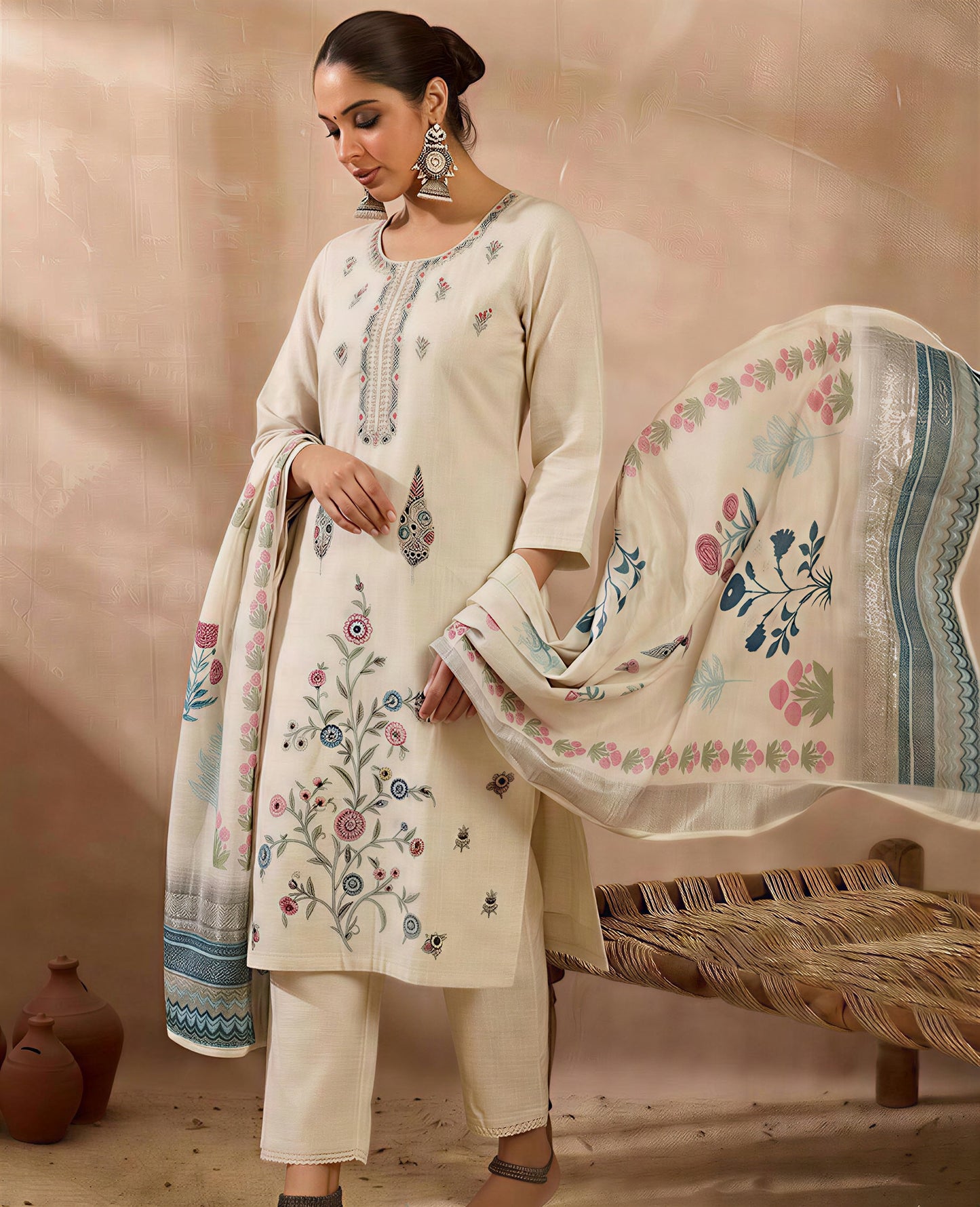 Off-White Embroidered Kurta Set with Trousers and Printed Dupatta for Women
