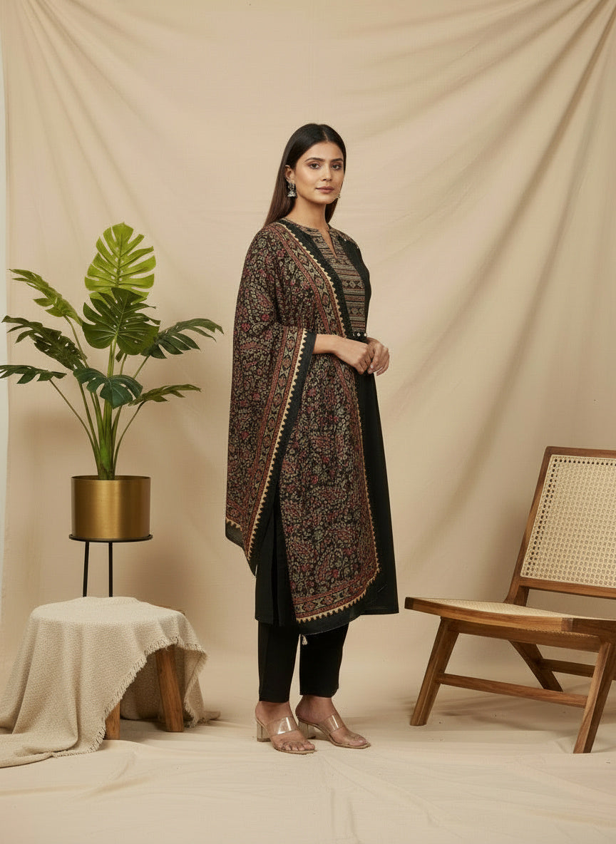 Black Kalamkari Printed Kurta Set with Intricate Ethnic Yoke & Heritage Dupatta