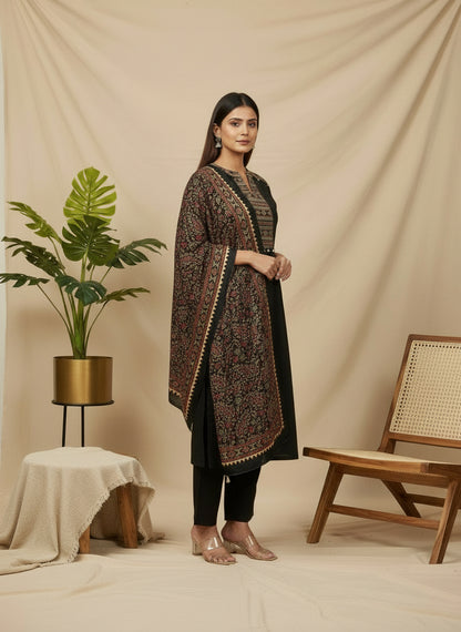 Black Kalamkari Printed Kurta Set with Intricate Ethnic Yoke & Heritage Dupatta