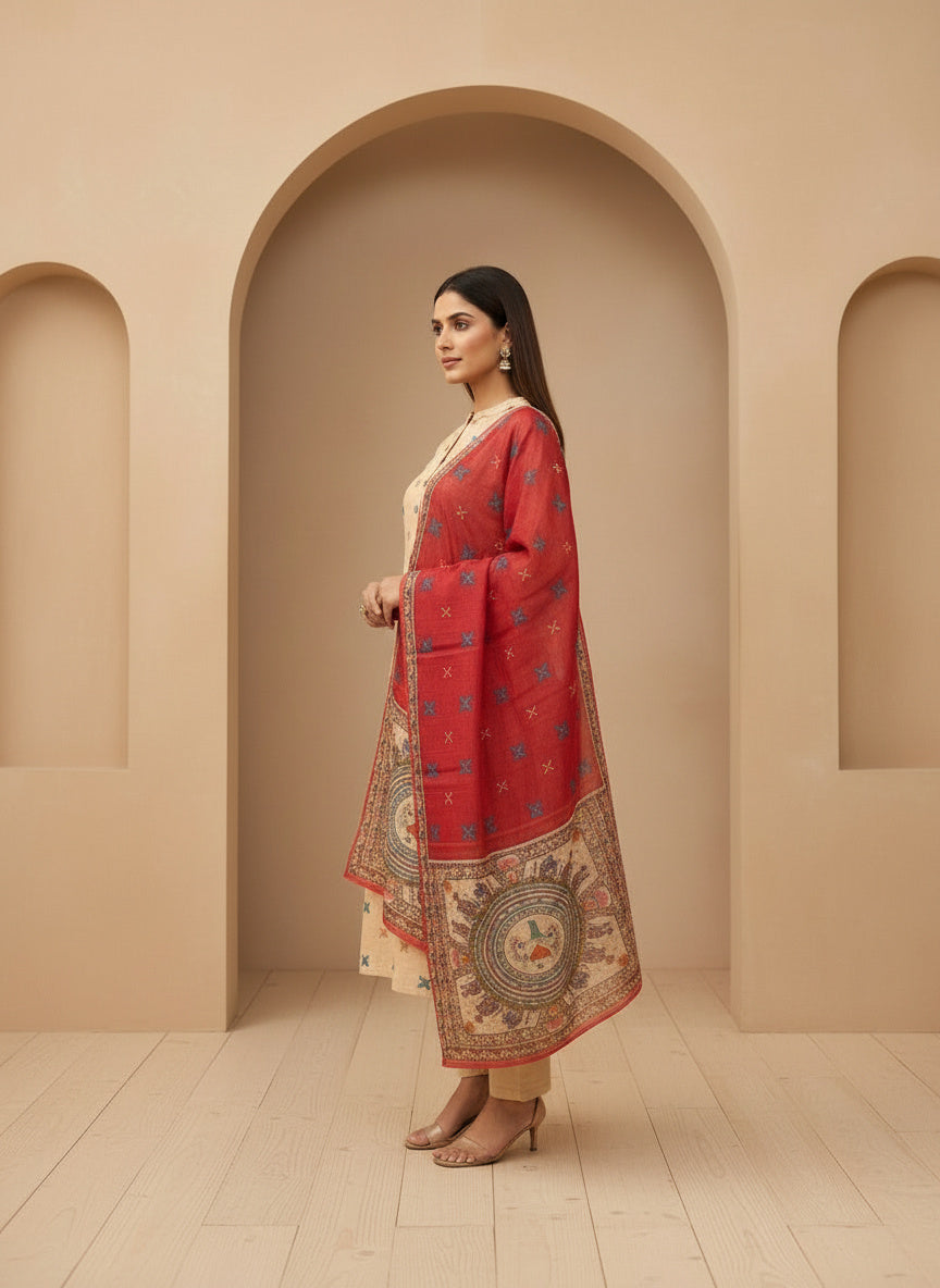 Printed Silk Blend Mandarin Collar Kurta & Trousers With Dupatta