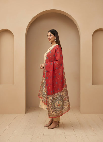 Printed Silk Blend Mandarin Collar Kurta & Trousers With Dupatta