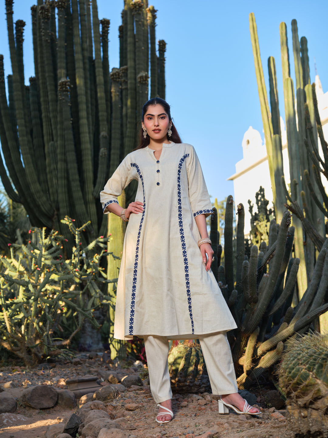 Embroidered Pure Cotton Mandarin Collar A-Line Kurta & Trousers