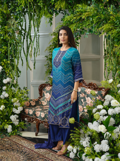 Teal & Navy Blue Crepe Silk Kurta Set with Chiffon Dupatta & Handwork