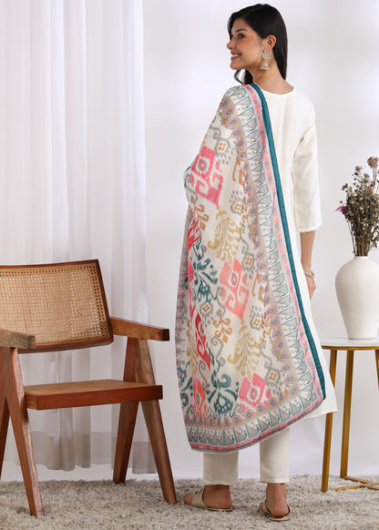 Off-White Rayon Embroidered Kurta Set with Mirror Work & Printed Muslin Dupatta