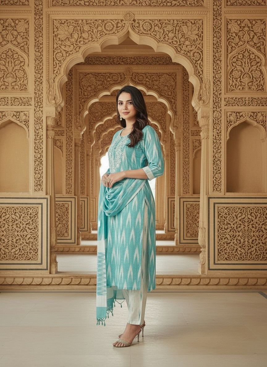 Embroidered Round Neck Straight Kurta & Trousers With Dupatta