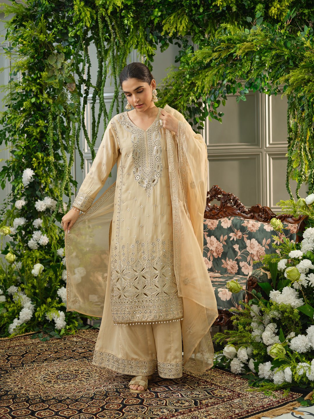 Embroidered Mirror and Cut Work Pakistani Kurta with Trouser and Dupatta Set