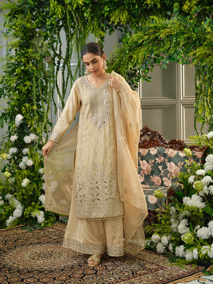 Embroidered Mirror and Cut Work Pakistani Kurta with Trouser and Dupatta Set