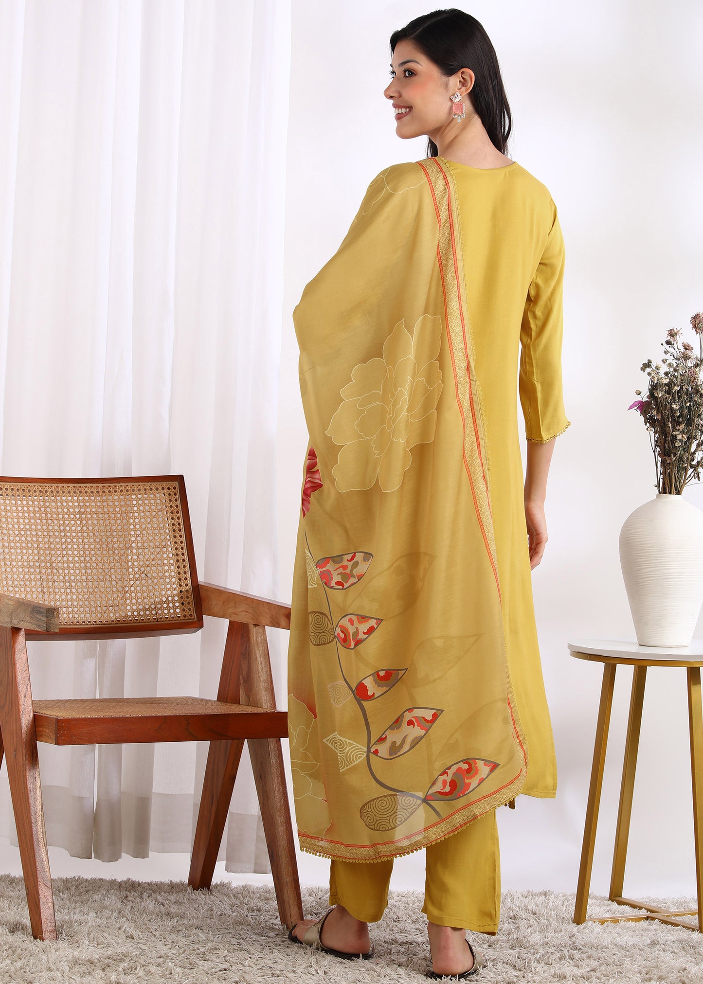 Women Mustard Rayon Embroidered Kurta Set with Printed Muslin Dupatta