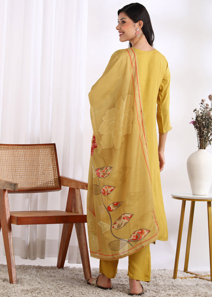 Women Mustard Rayon Embroidered Kurta Set with Printed Muslin Dupatta