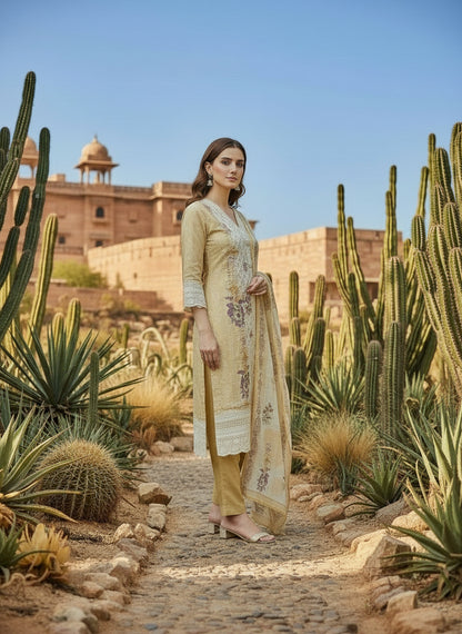 Printed Tissue V-Neck Kurta Trousers & Dupatta
