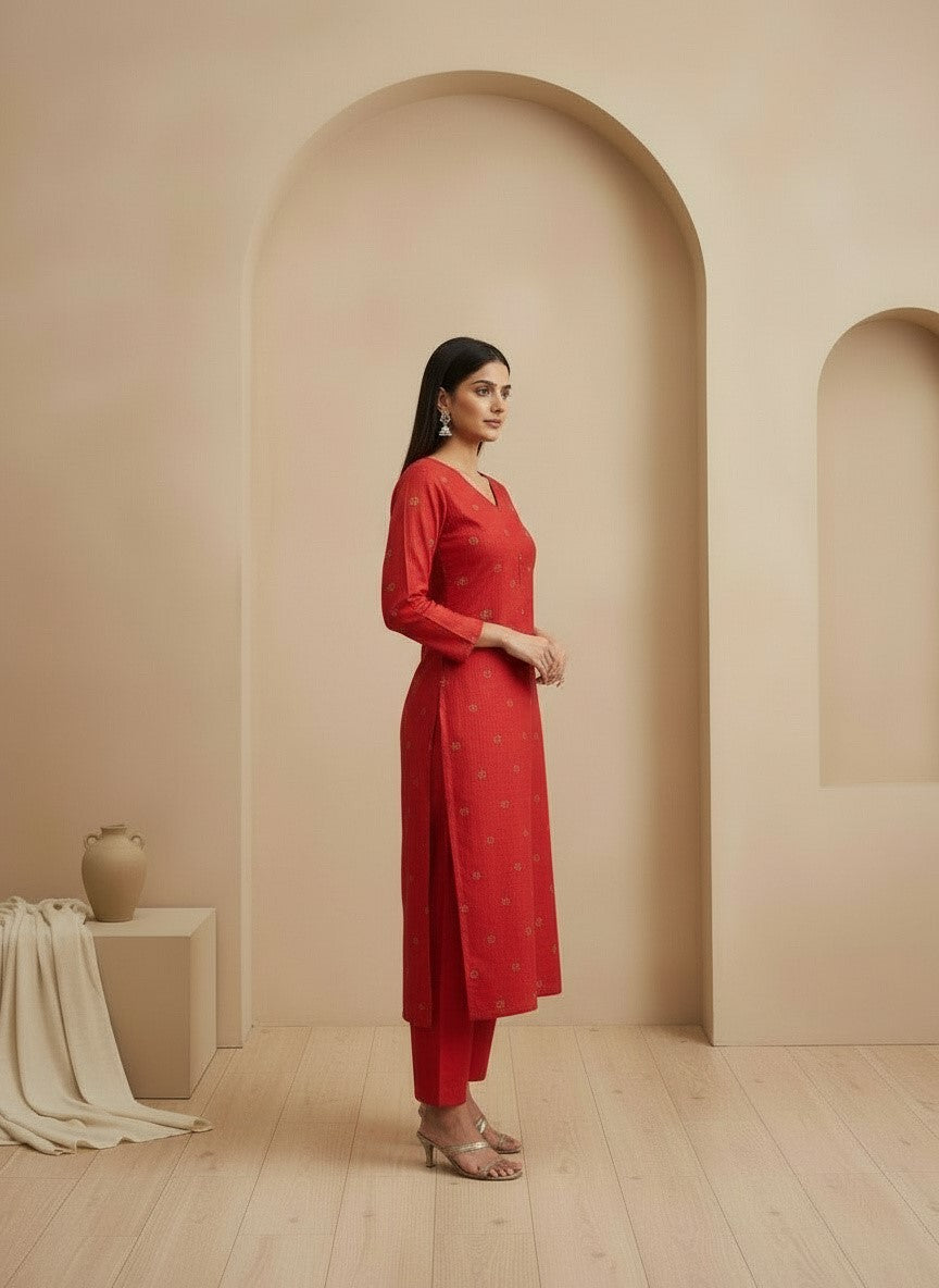 Printed V-Neck Kurta & Trousers With Dupatta