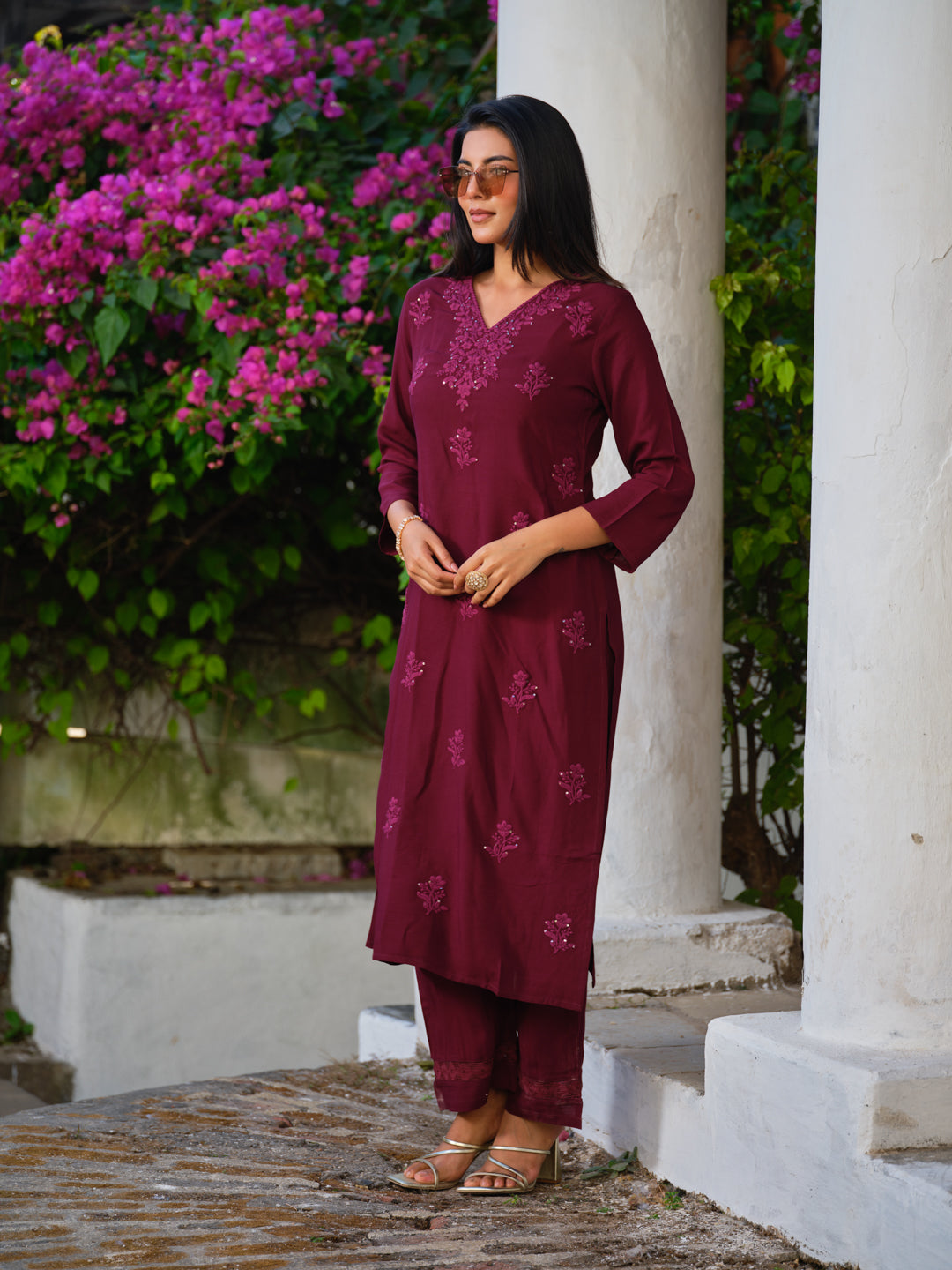 Viscose Embroidered V-Neck Kurta & Trousers Sets