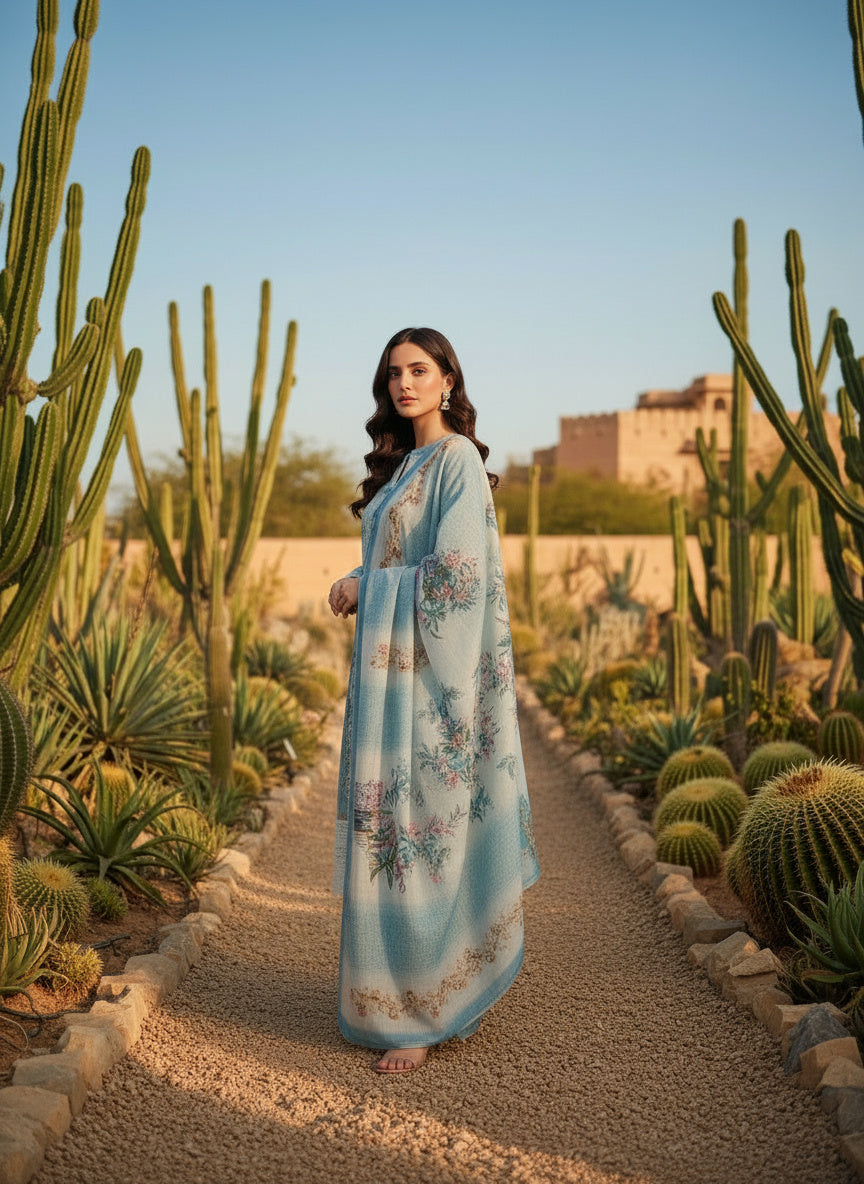 Printed Tissue V-Neck Kurta Trousers & Dupatta