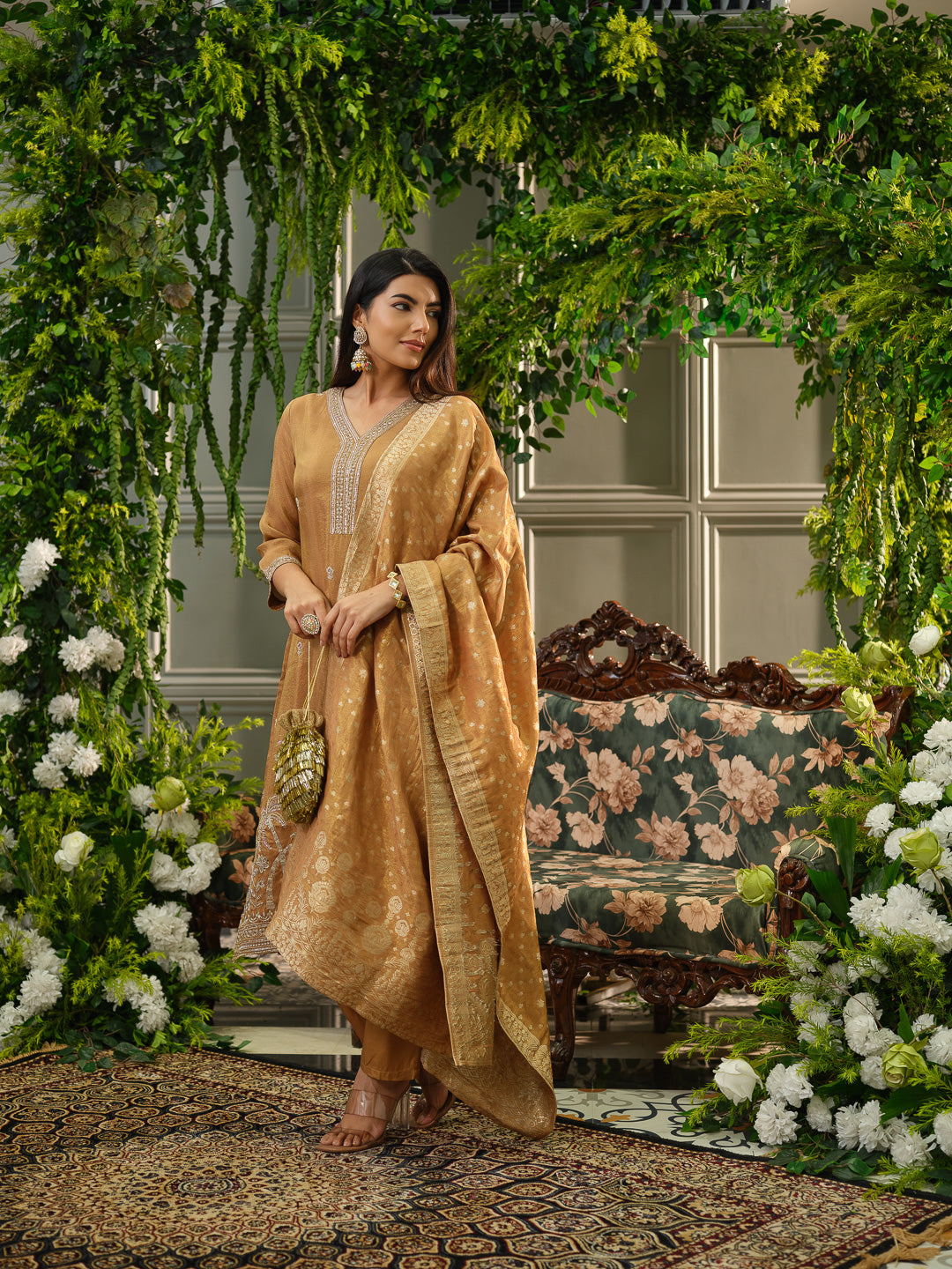 Mustard Viscose Tissue Kurta Set with Jacquard Dupatta & Hand Embroidery