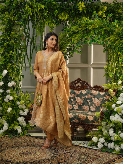 Mustard Viscose Tissue Kurta Set with Jacquard Dupatta & Hand Embroidery