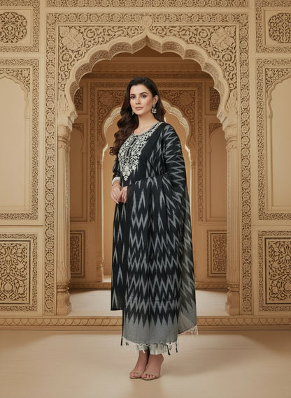 Embroidered Round Neck Straight Kurta & Trousers With Dupatta