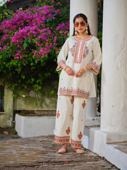 Embroidered Round Neck Top & Trousers Co-Ords Set