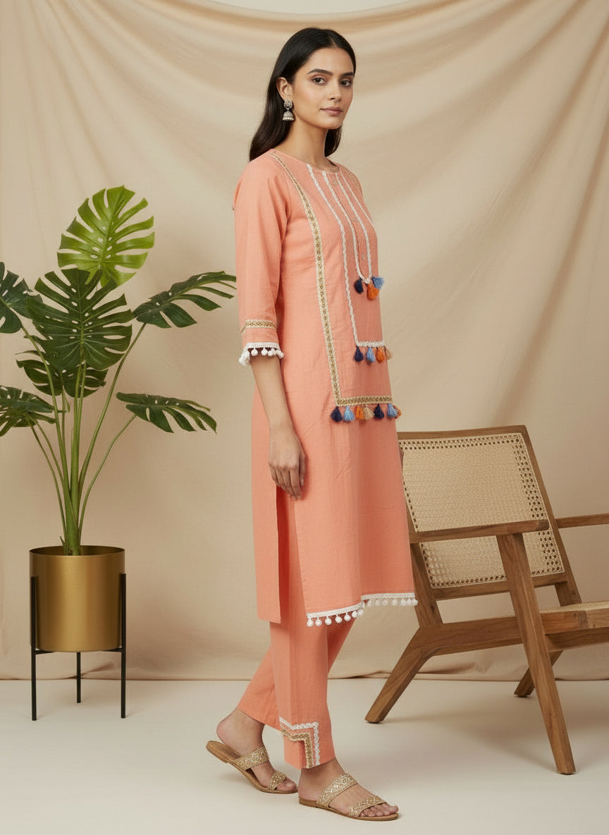 Striped Peach Cotton Co-Ord Set with Zig-Zag Lace Pom-Pom Hem & Tassel Detailing