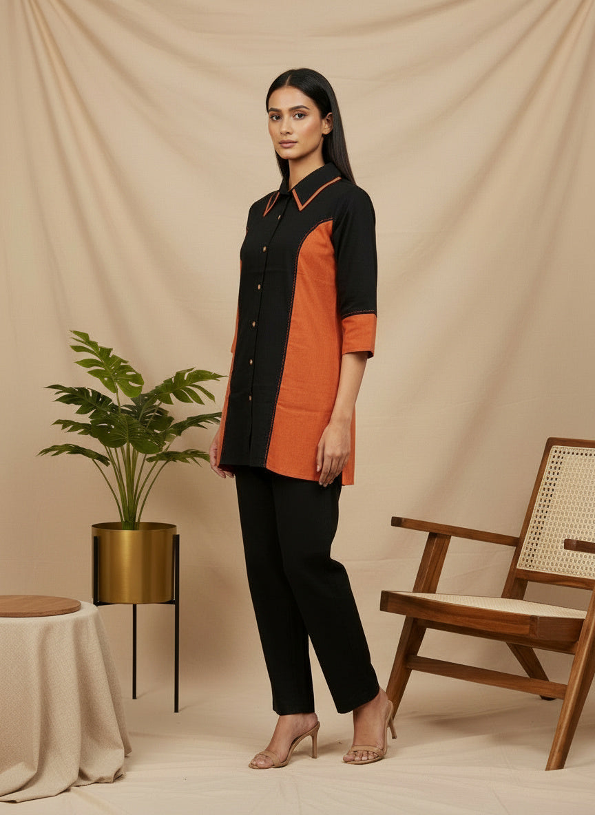 Colorblock Cotton Shirt Co-Ord Set with Contrast Collar & Panel Detailing