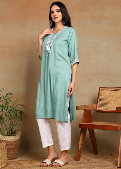 Sky-BlueRayon Slub Kurti with White Embroidered Lace Detailing