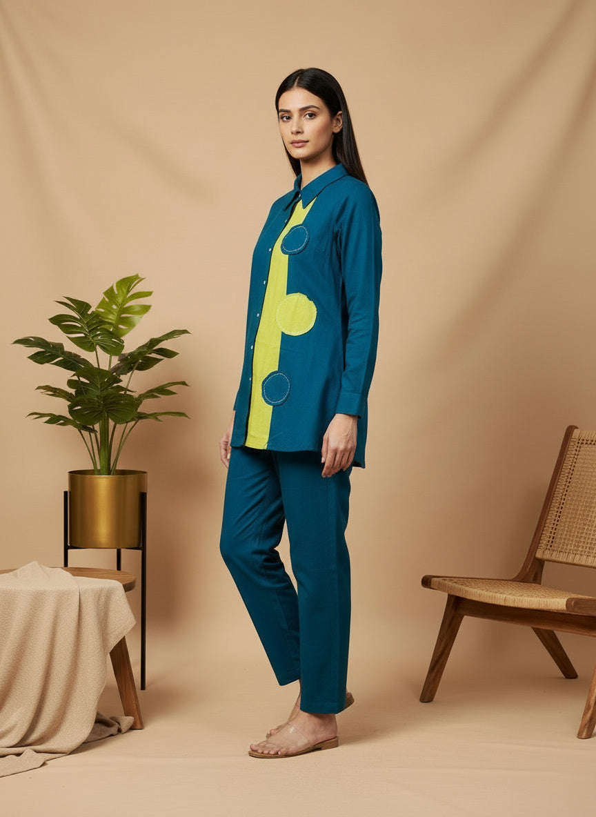 Colorblock Cotton Shirt Co-Ord Set with Patch Work Detailing