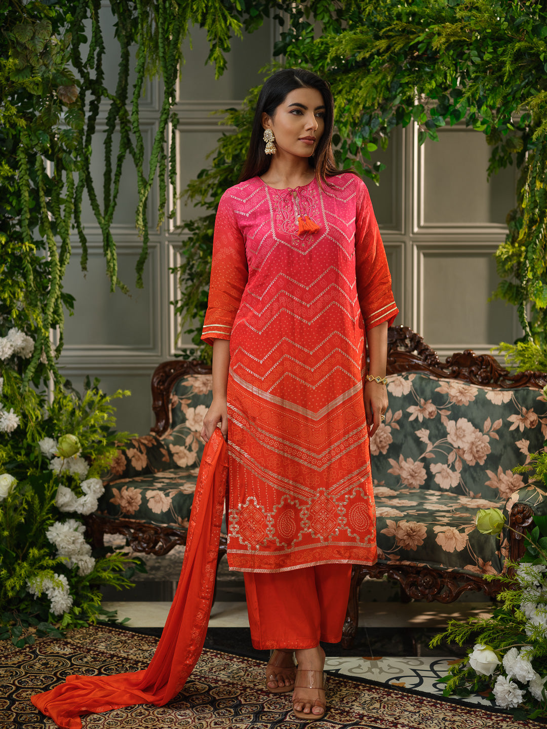 Pink Crepe Silk Handwork Kurta Set with Chiffon Dupatta