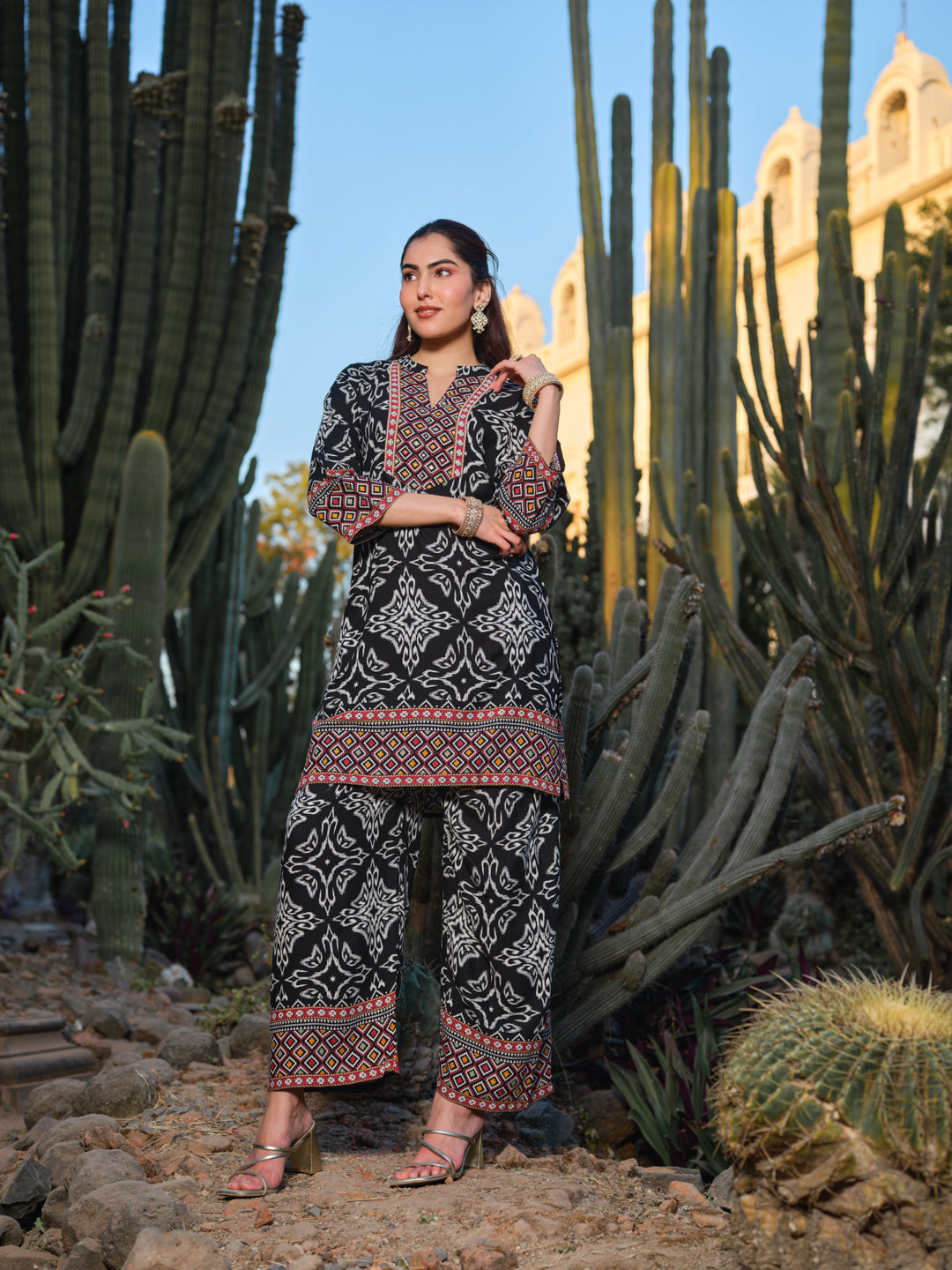 Printed Mandarin Collar Top & Palazzos Co-Ords