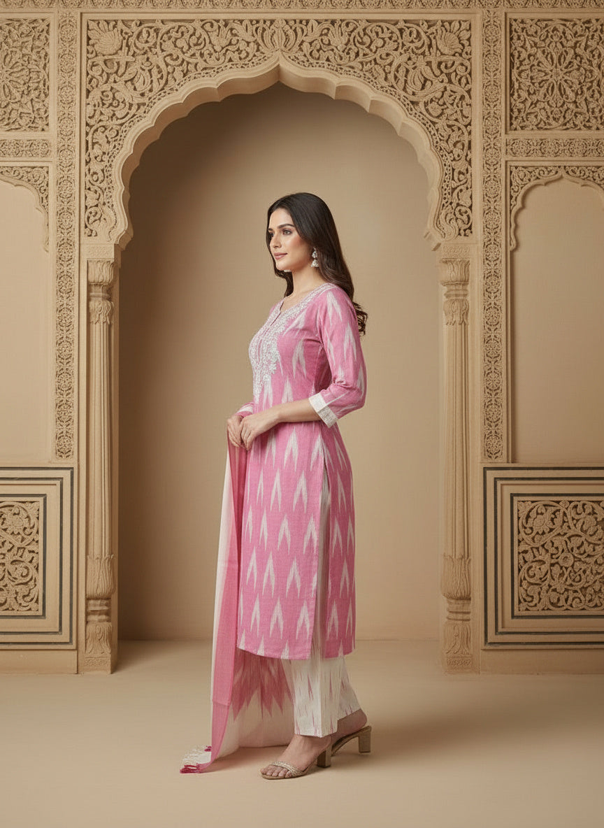 Embroidered Round Neck Straight Kurta & Trousers With Dupatta