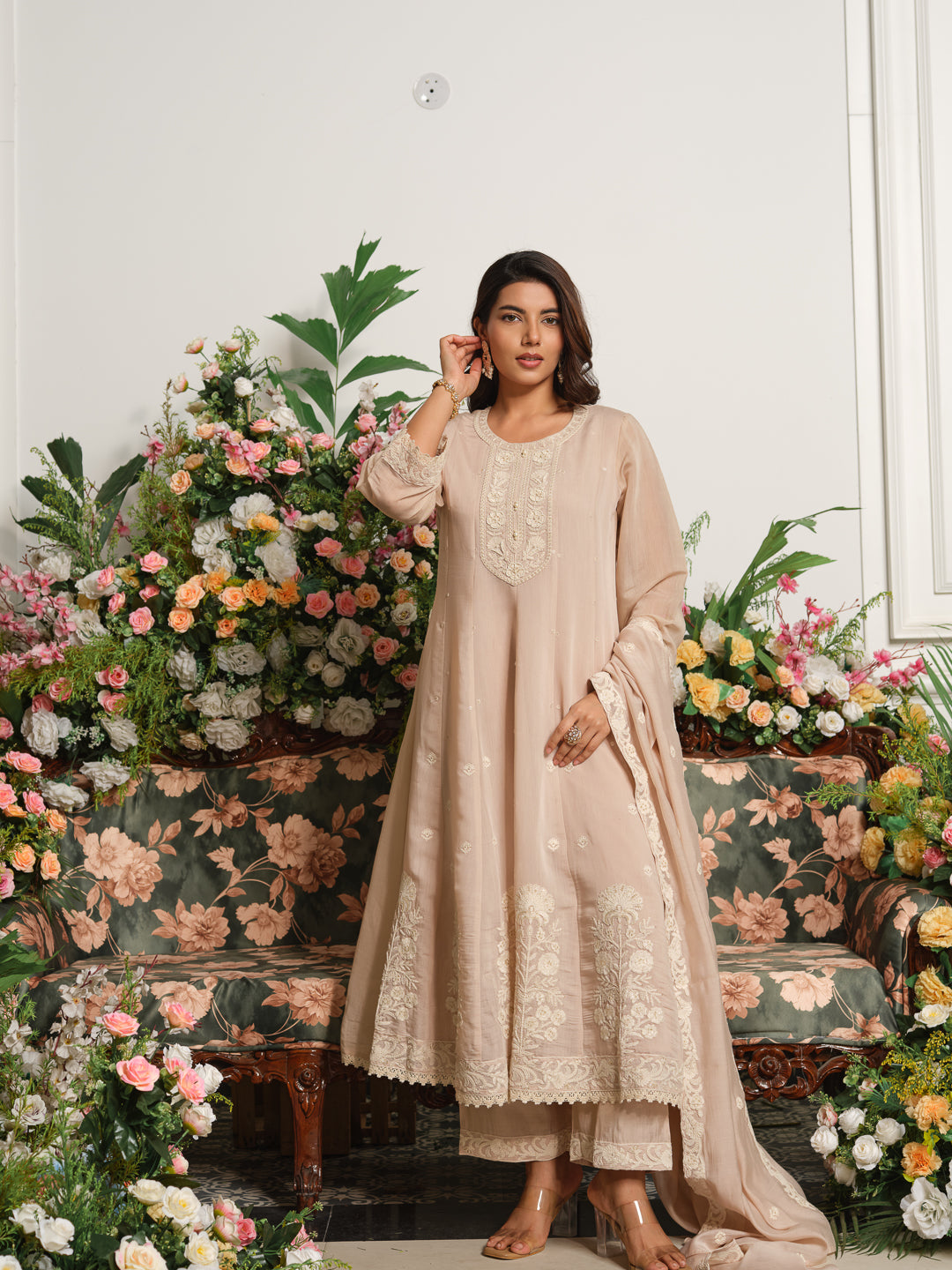 Beige Embroidered Anarkali Kurta Set with Matching Trousers and Embroidered Dupatta in Chanderi Silk Fabric