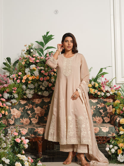 Beige Embroidered Anarkali Kurta Set with Matching Trousers and Embroidered Dupatta in Chanderi Silk Fabric