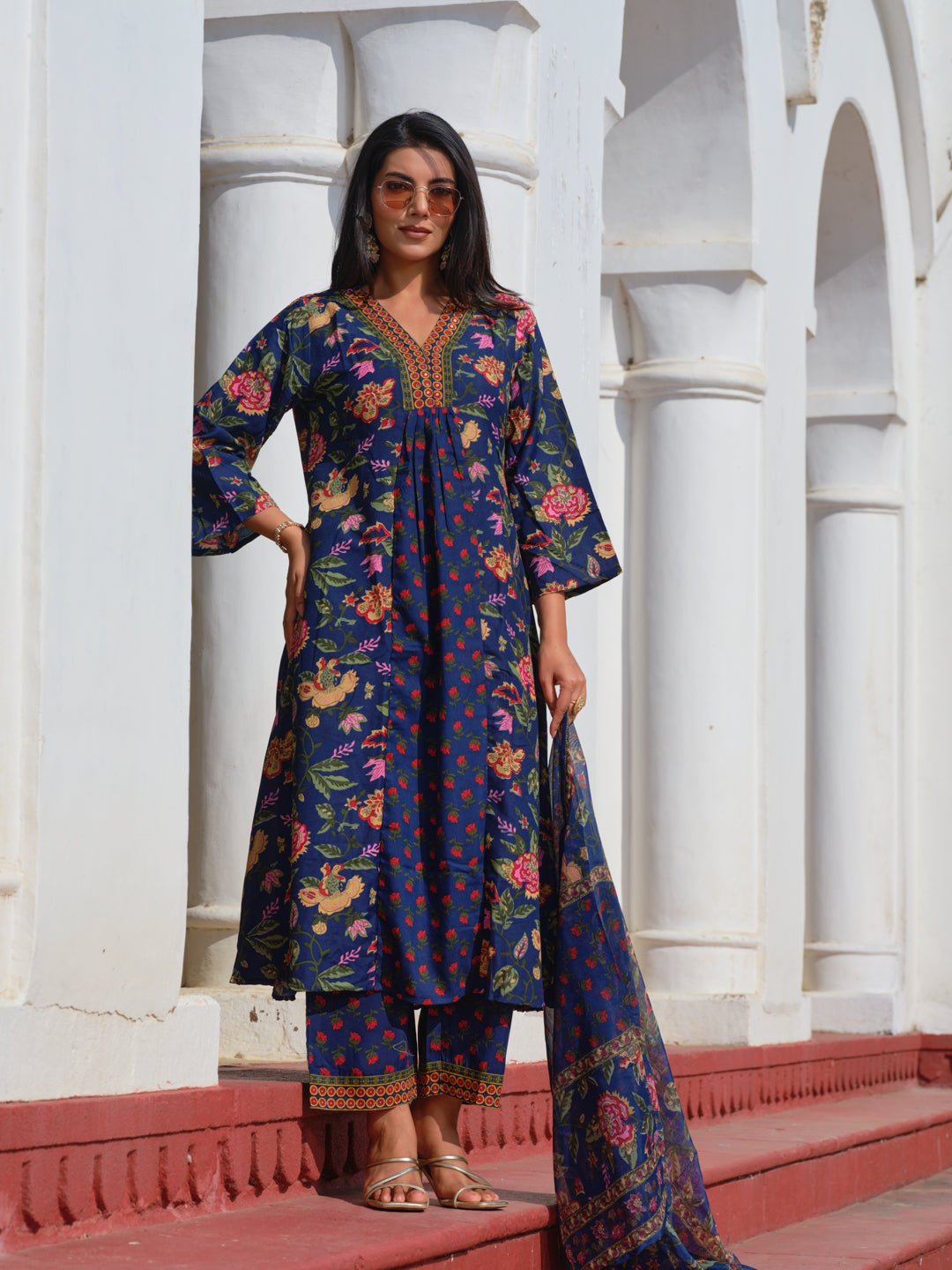 Printed V-Neck Kurta & Trousers With Dupatta