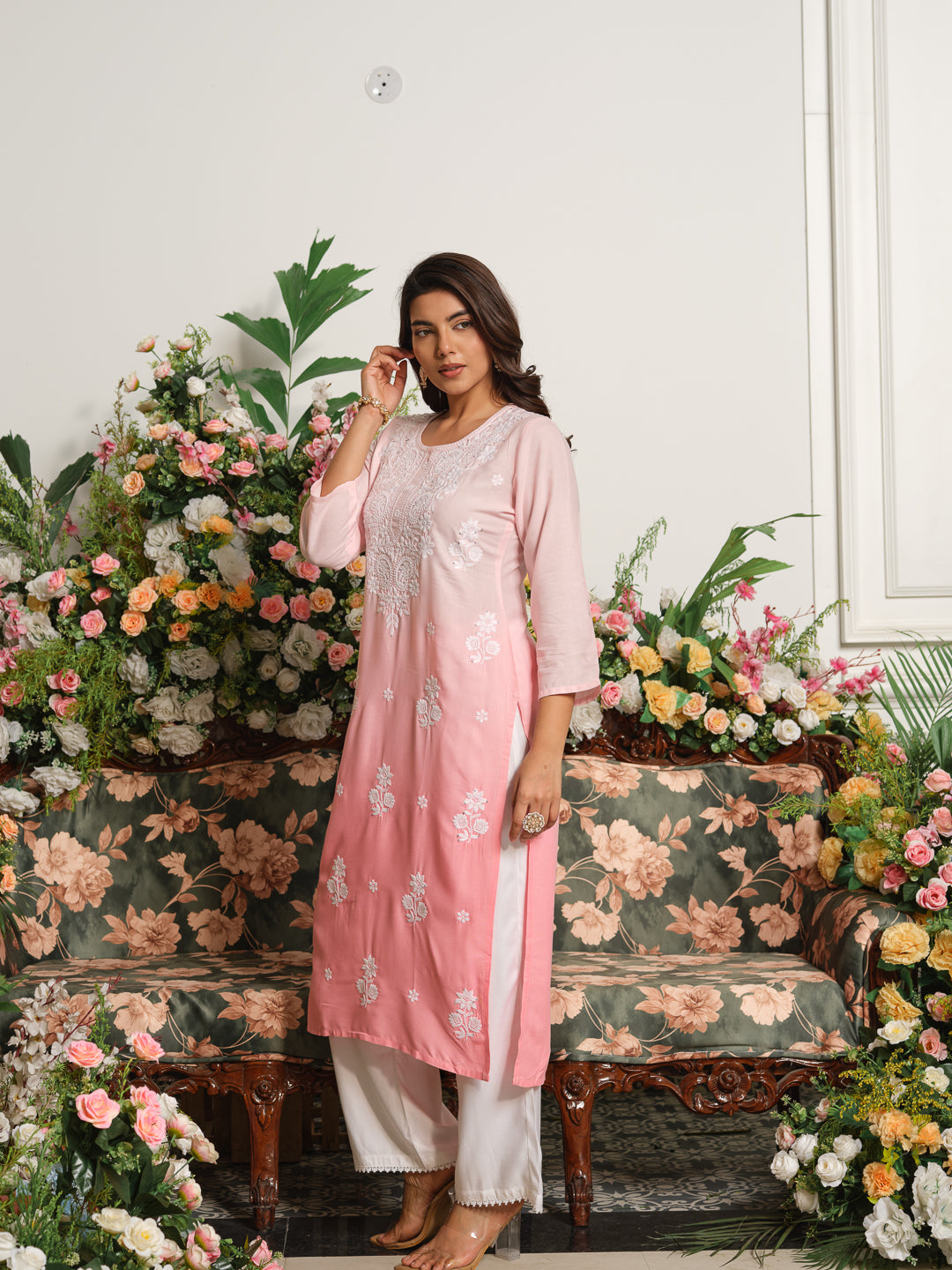 Yoke Design Round Neck Calf Length Straight Kurta