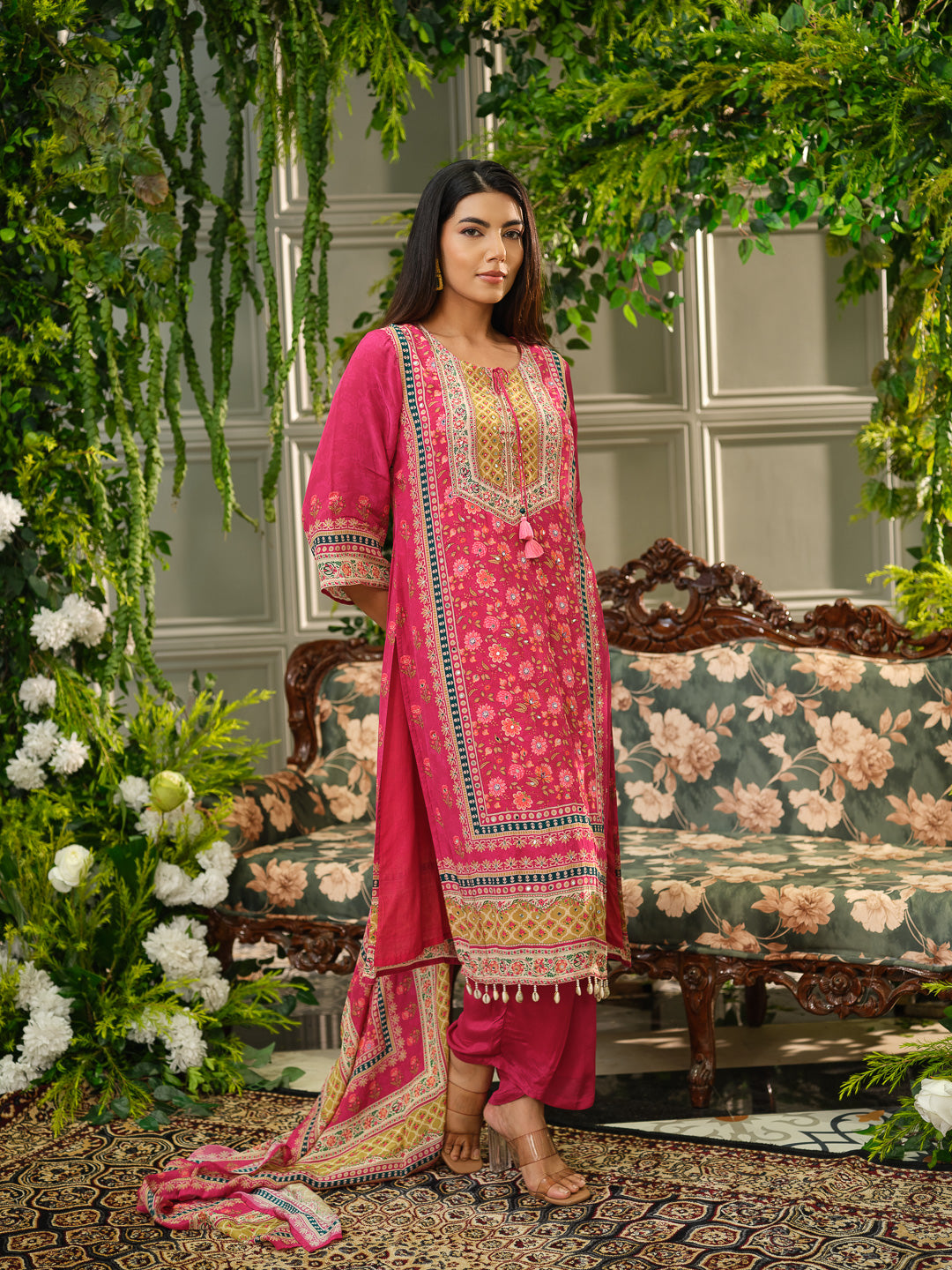 Pink Digital Print Kurta Set with Heavy Handwork & Dupatta