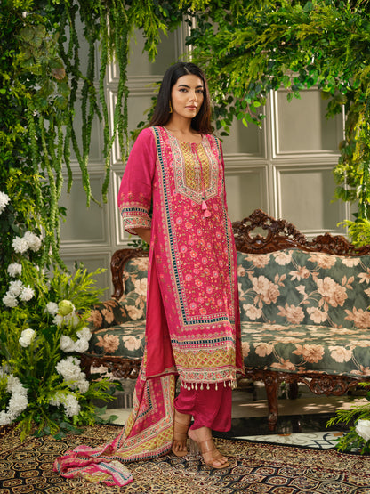 Pink Digital Print Kurta Set with Heavy Handwork & Dupatta