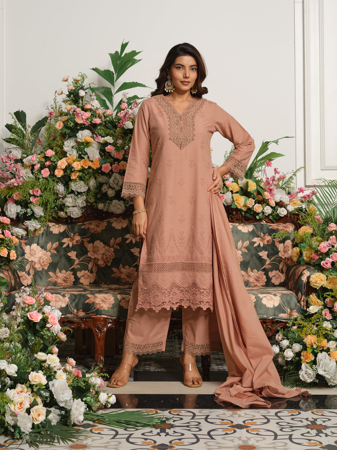 Brown Embroidered Cotton Blend V-Neck Kurta Set with Dupatta