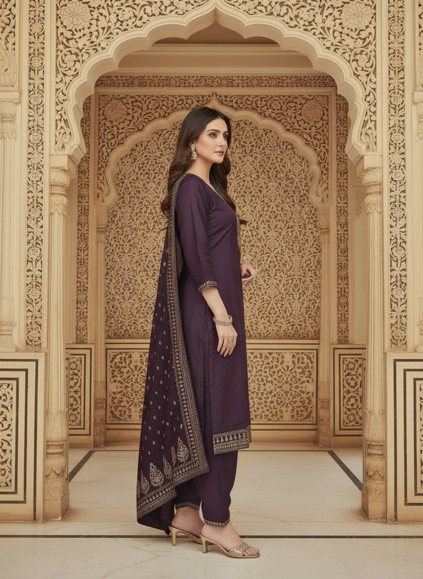 Embroidered Cotton Round Neck Straight Kurta & Trousers With Dupatta
