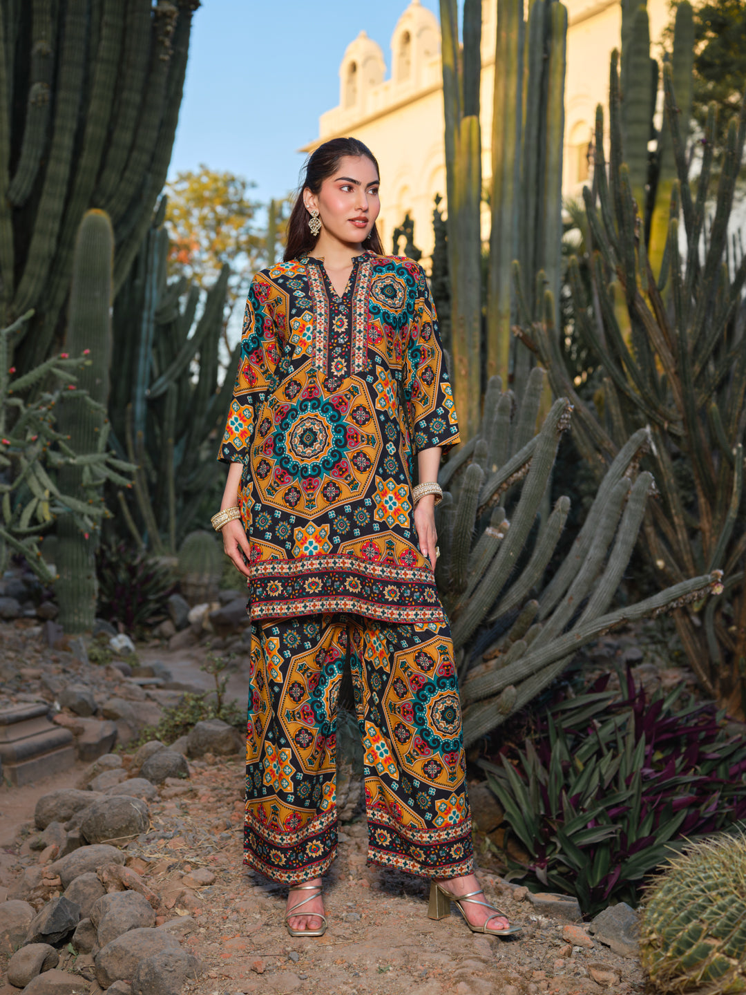 Printed Mandarin Collar Top & Palazzos Co-Ords