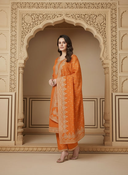Embroidered Cotton Round Neck Straight Kurta & Trousers With Dupatta