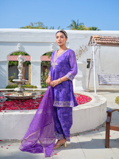 Embroidered V-Neck Kurta & Trousers With Dupatta