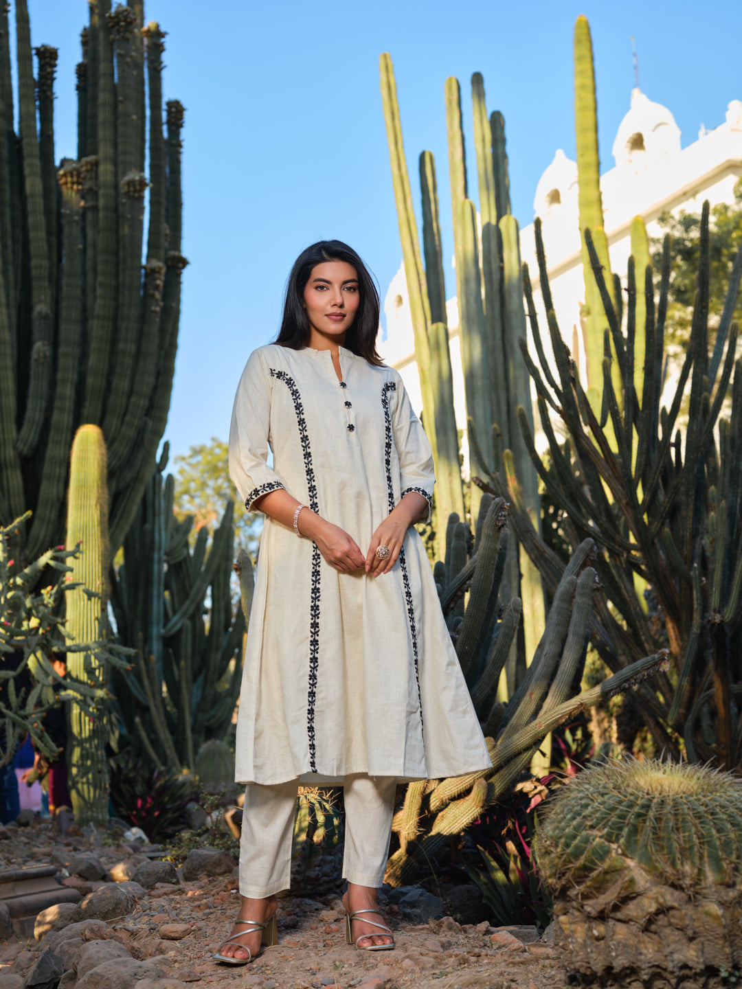Embroidered Pure Cotton Mandarin Collar A-Line Kurta & Trousers