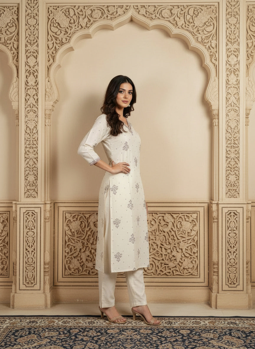 Printed Cotton V-Neck Calf Length Straight Kurta