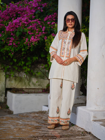 Embroidered Shirt Collar Top & Trousers Co-Ords Set