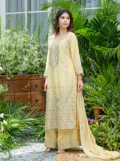 Embroidered Mirror and Cut Work Pakistani Kurta with Trouser and Dupatta Set