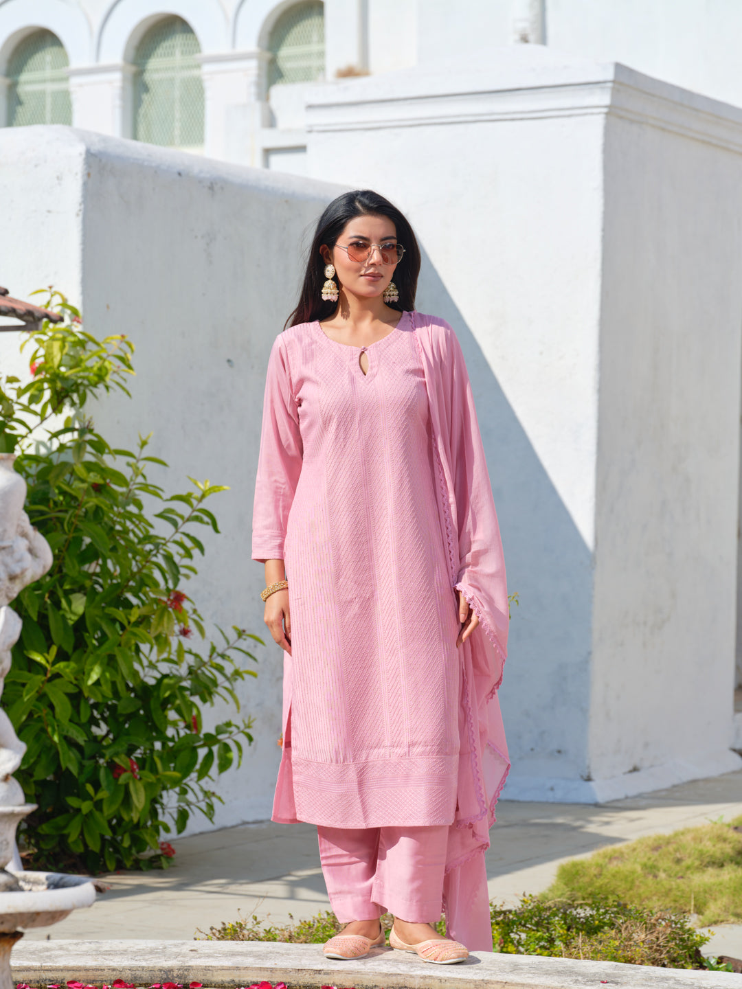 Pink Chinon Crochet Embroidered Kurta with Trousers & Nazeen Dupatta