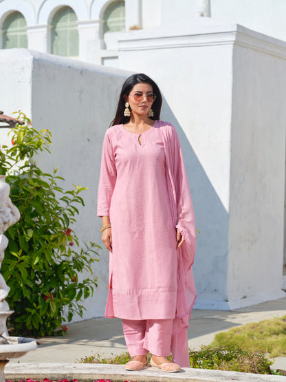 Pink Chinon Crochet Embroidered Kurta with Trousers & Nazeen Dupatta