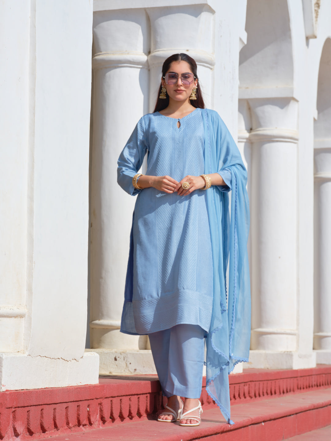 Powder Blue Chinon Crochet Embroidered Kurta with Trousers & Nazeen Dupatta