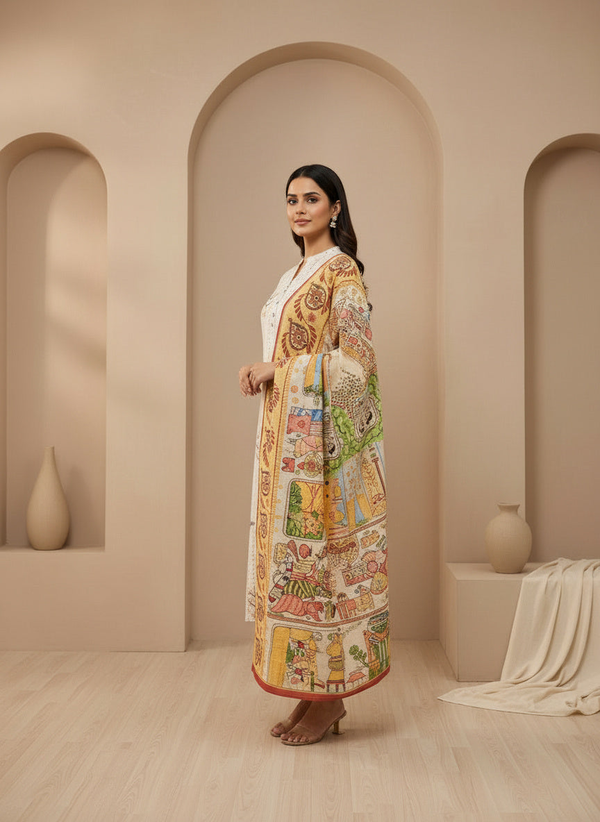 Printed Mandarin Collar Kurta & Trousers With Dupatta